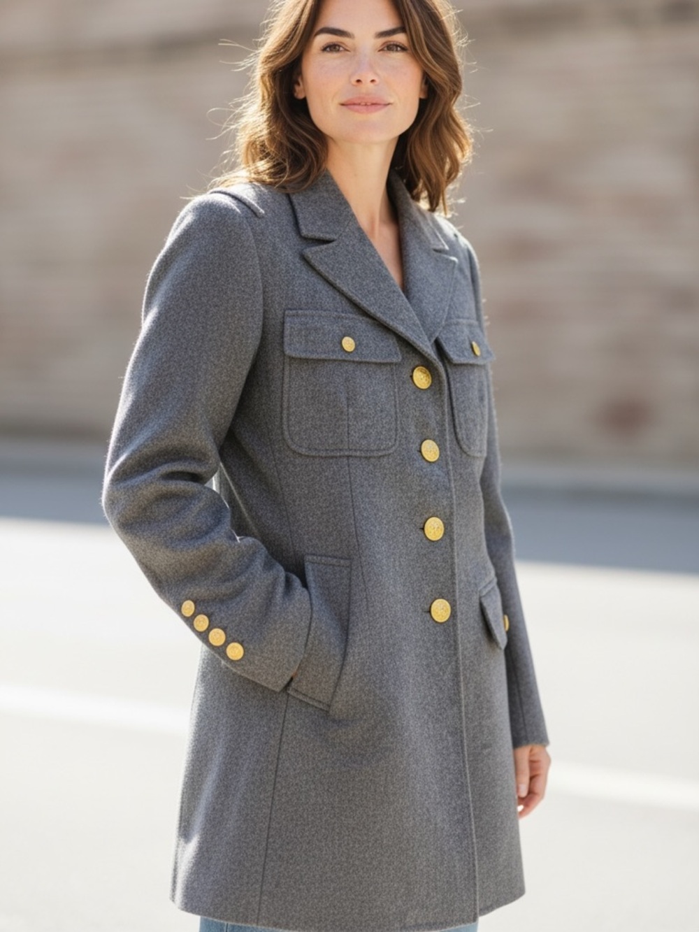 Fossil Gray Wool Blend Military Coat Women’s Small Gold Button Jacket Tailored